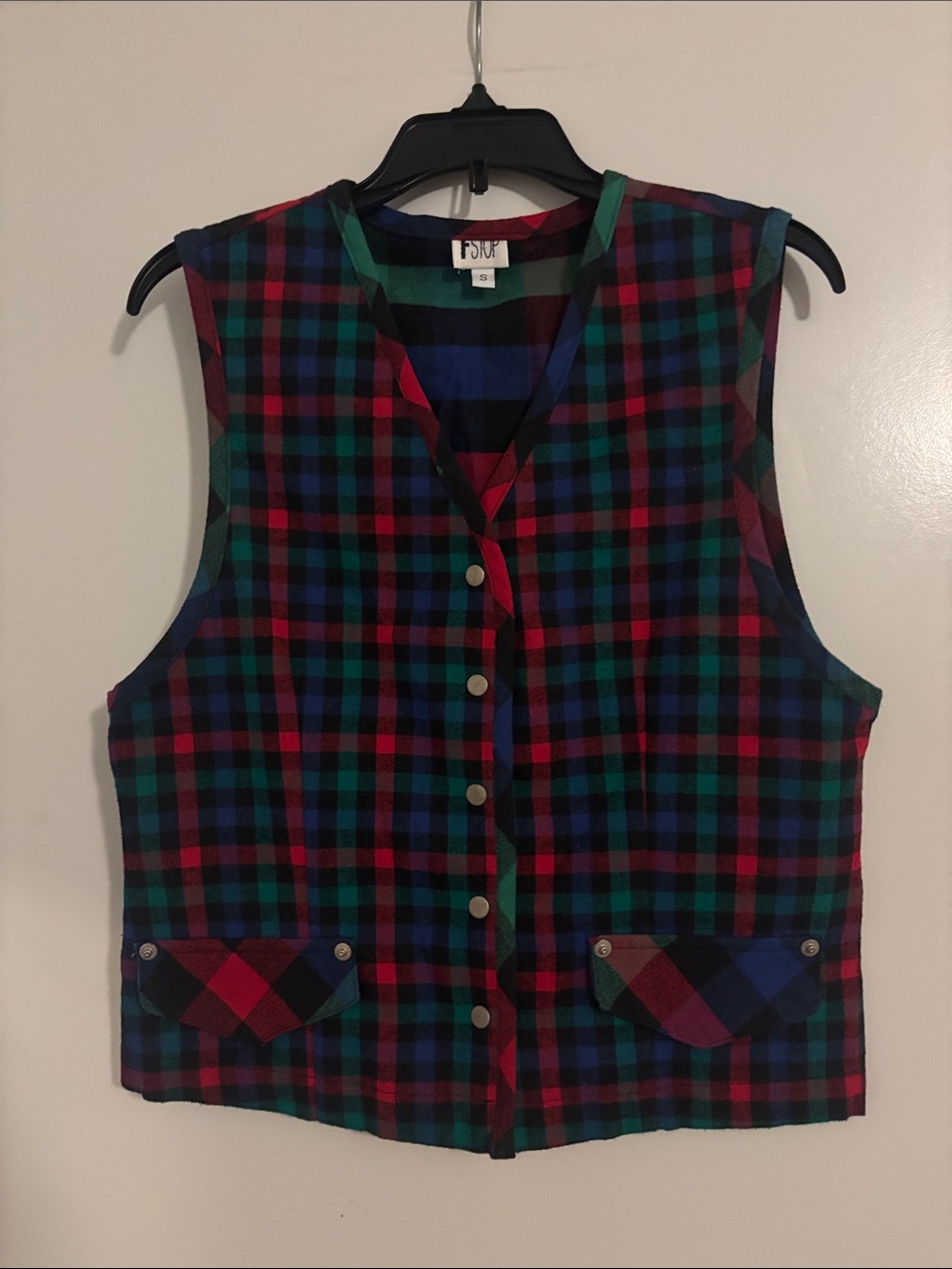 Vintage 90s Plaid Button-Front Vest - Red, Green & Blue